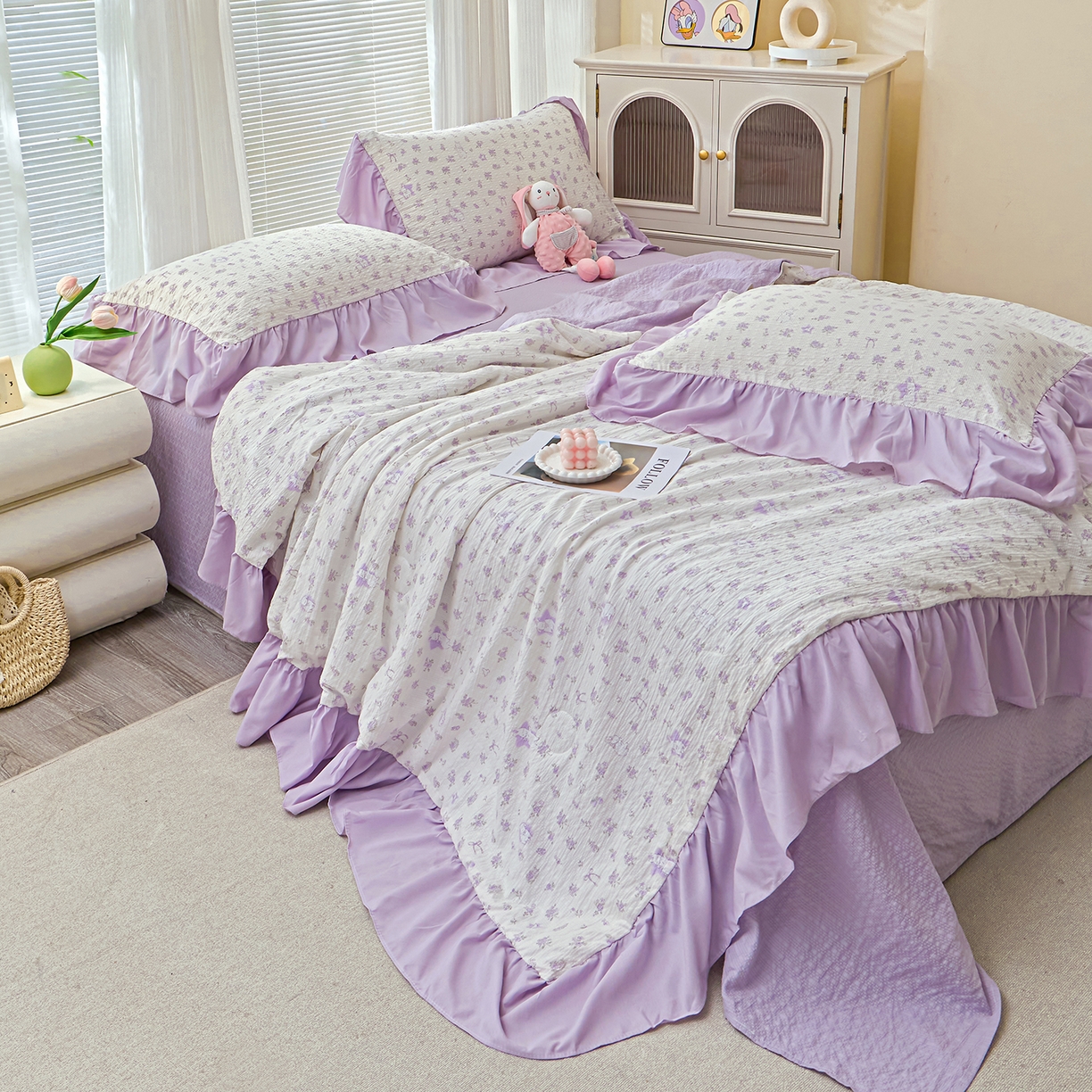 91家纺网 家纺一手货源 找家纺 人人爱家纺 2026新款泡芙纱欧式夏被夏凉被空调被四件套 紫色花语