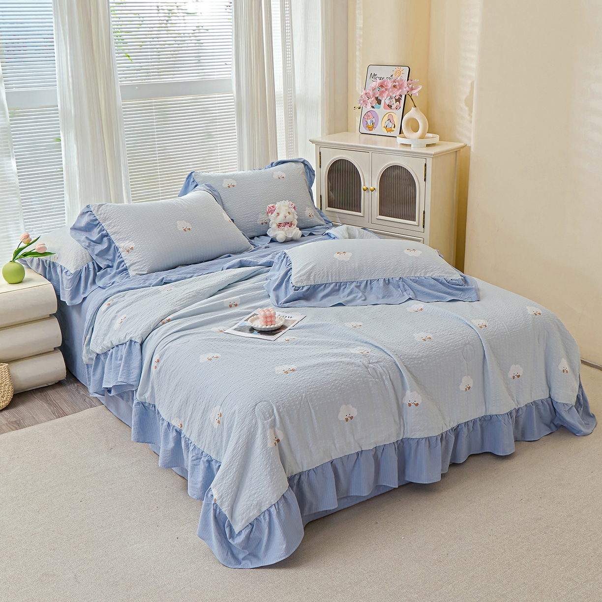 91家纺网 家纺一手货源 找家纺 人人爱家纺 2026新款泡芙纱欧式夏被夏凉被空调被四件套 泡芙云朵