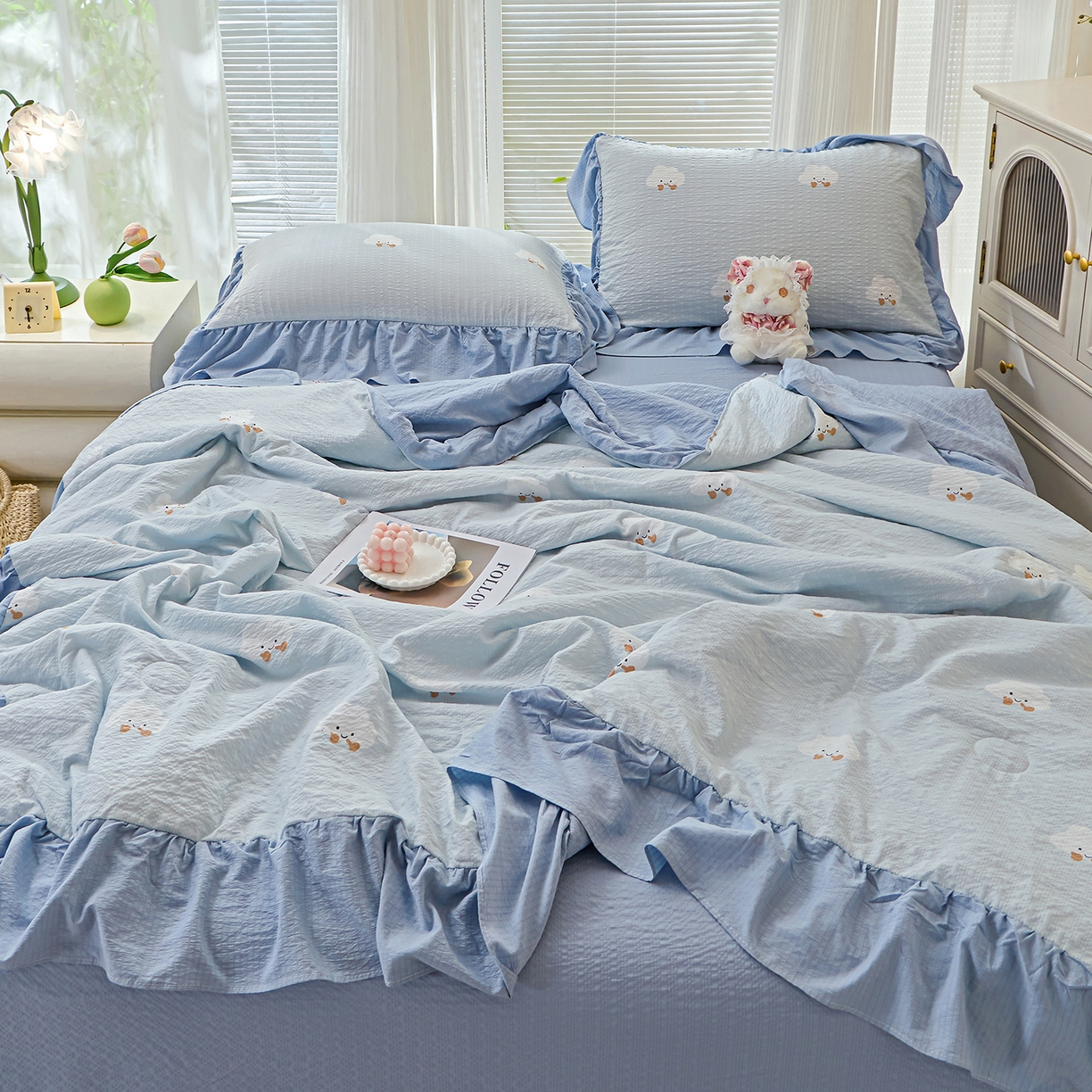 91家纺网 家纺一手货源 找家纺 人人爱家纺 2026新款泡芙纱欧式夏被夏凉被空调被四件套 泡芙云朵