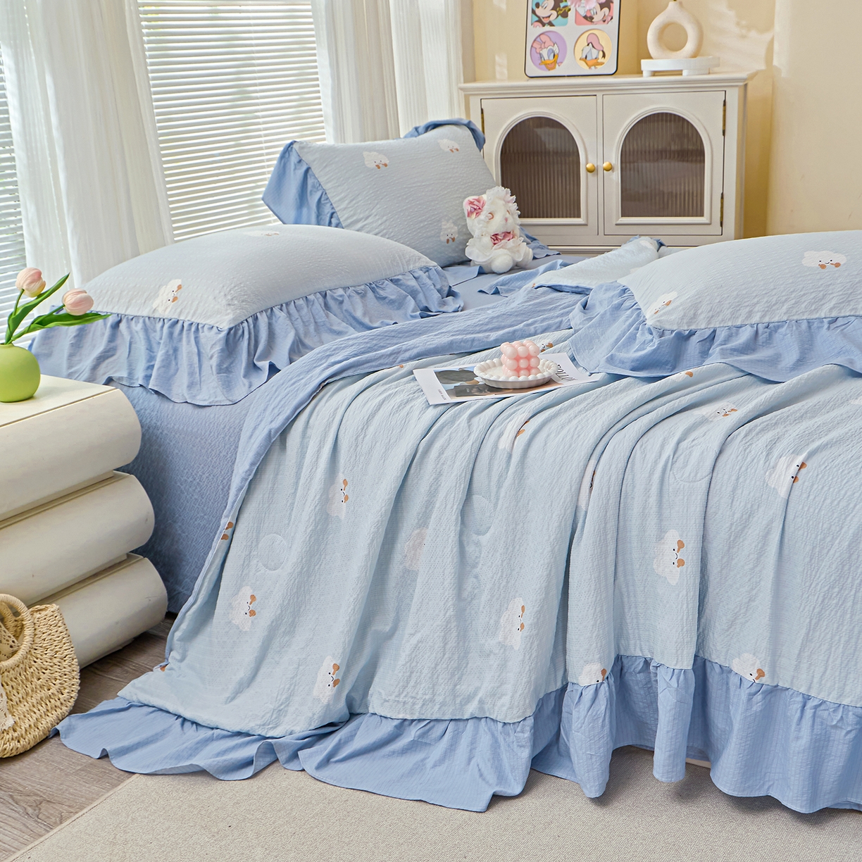 91家纺网 家纺一手货源 找家纺 人人爱家纺 2026新款泡芙纱欧式夏被夏凉被空调被四件套 泡芙云朵