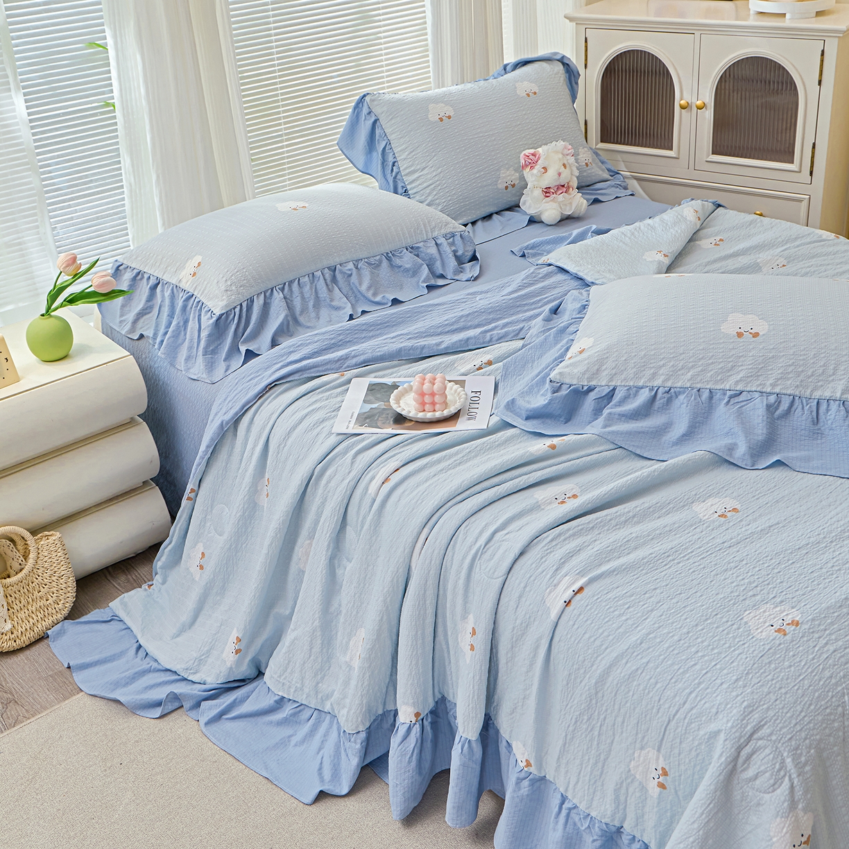 91家纺网 家纺一手货源 找家纺 人人爱家纺 2026新款泡芙纱欧式夏被夏凉被空调被四件套 泡芙云朵