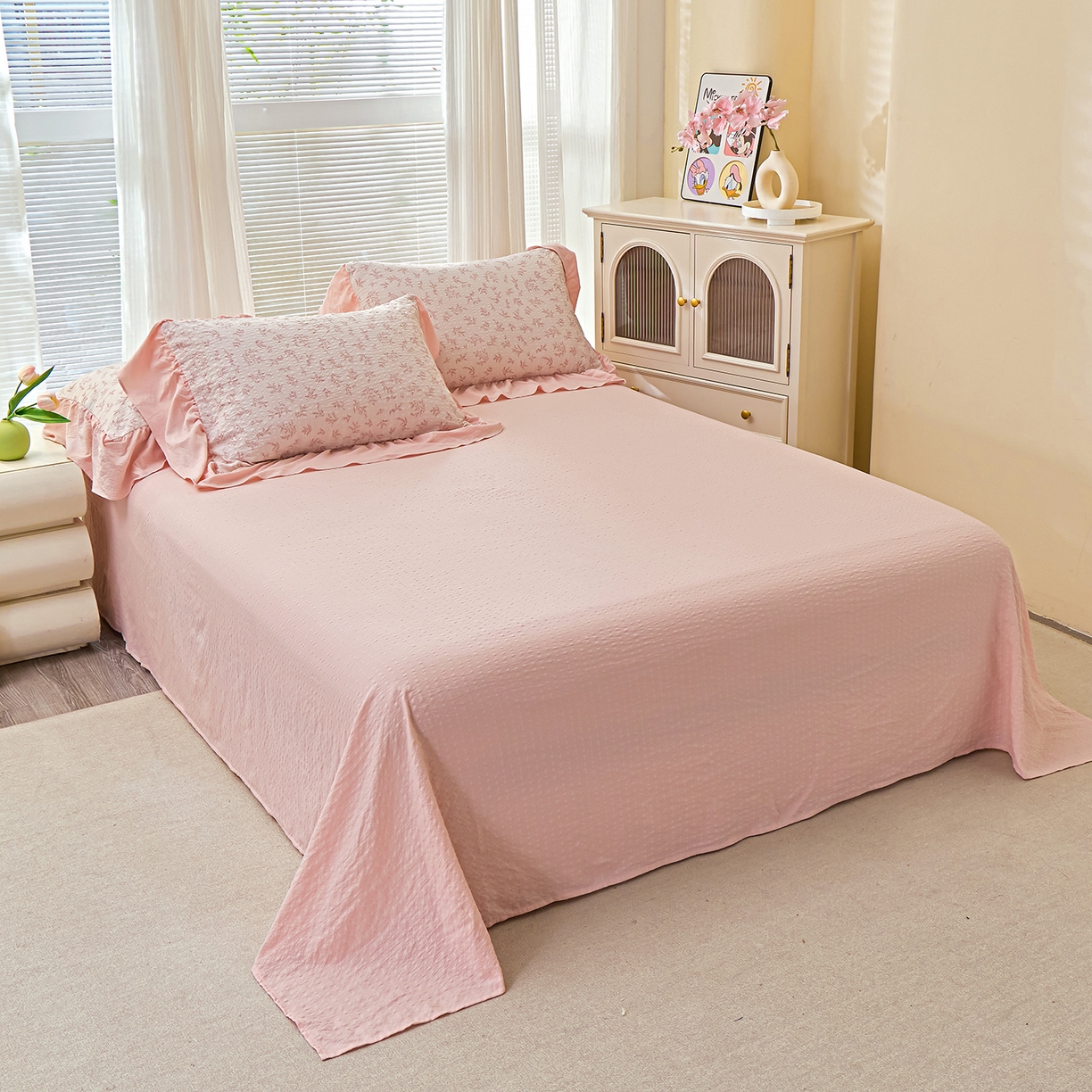 91家纺网 家纺一手货源 找家纺 人人爱家纺 2026新款泡芙纱欧式夏被夏凉被空调被四件套 杉条叶