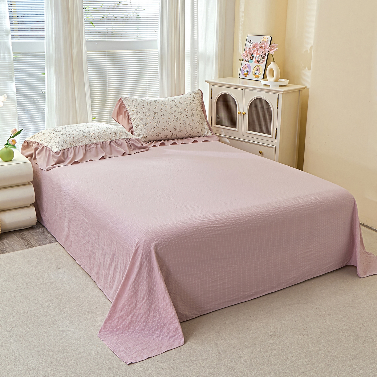 91家纺网 家纺一手货源 找家纺 人人爱家纺 2026新款泡芙纱欧式夏被夏凉被空调被四件套 花藤小兔