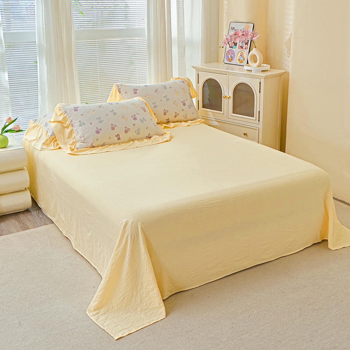 91家纺网 家纺一手货源 找家纺 人人爱家纺 2026新款泡芙纱欧式夏被夏凉被空调被四件套 长耳兔