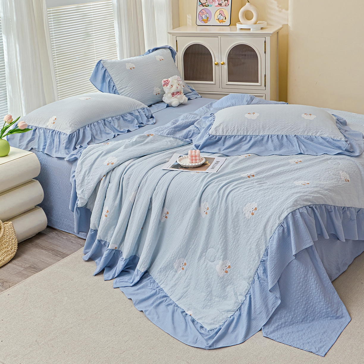 91家纺网 家纺一手货源 找家纺 人人爱家纺 2026新款泡芙纱欧式夏被夏凉被空调被四件套 泡芙云朵