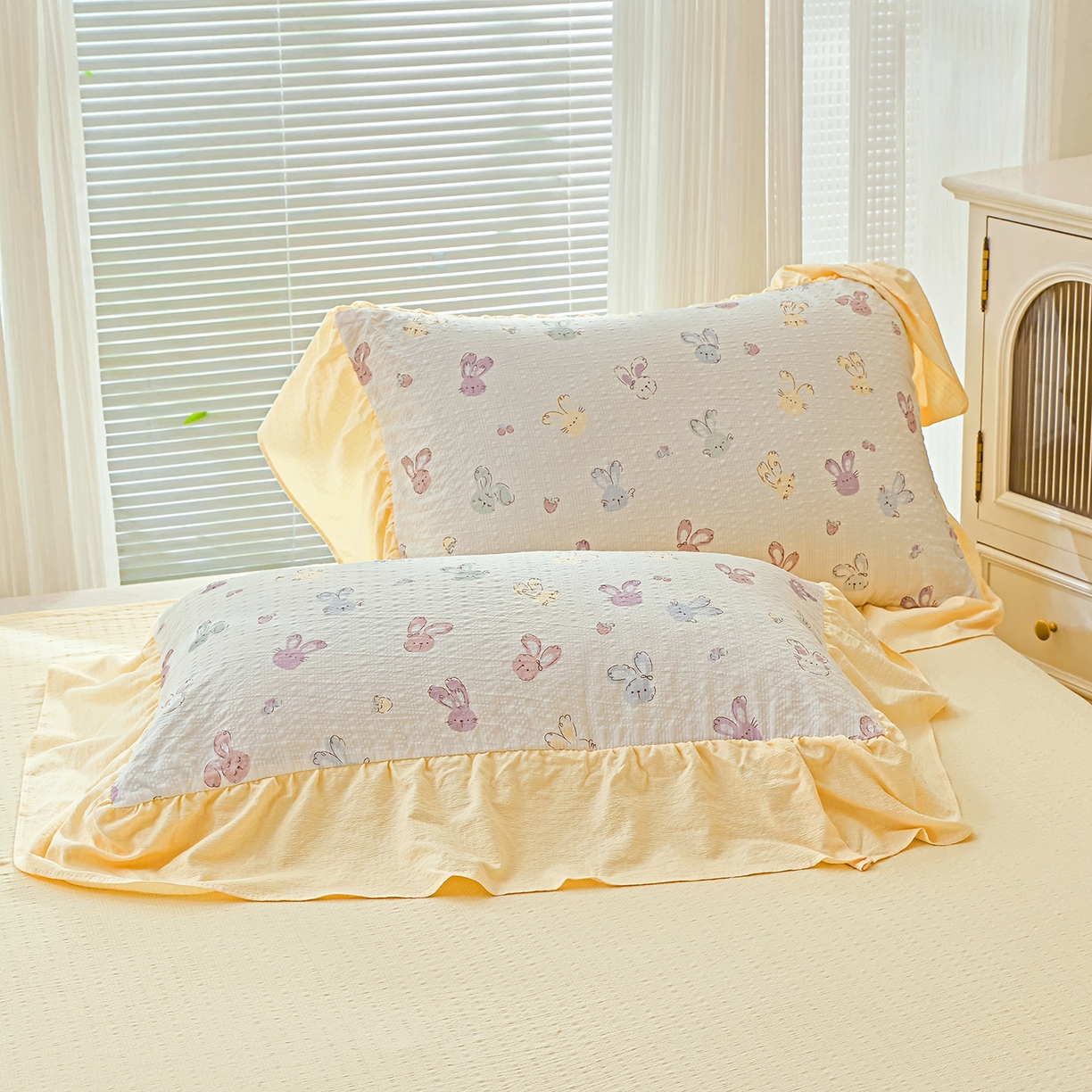 91家纺网 家纺一手货源 找家纺 人人爱家纺 2026新款泡芙纱欧式夏被夏凉被空调被四件套 长耳兔