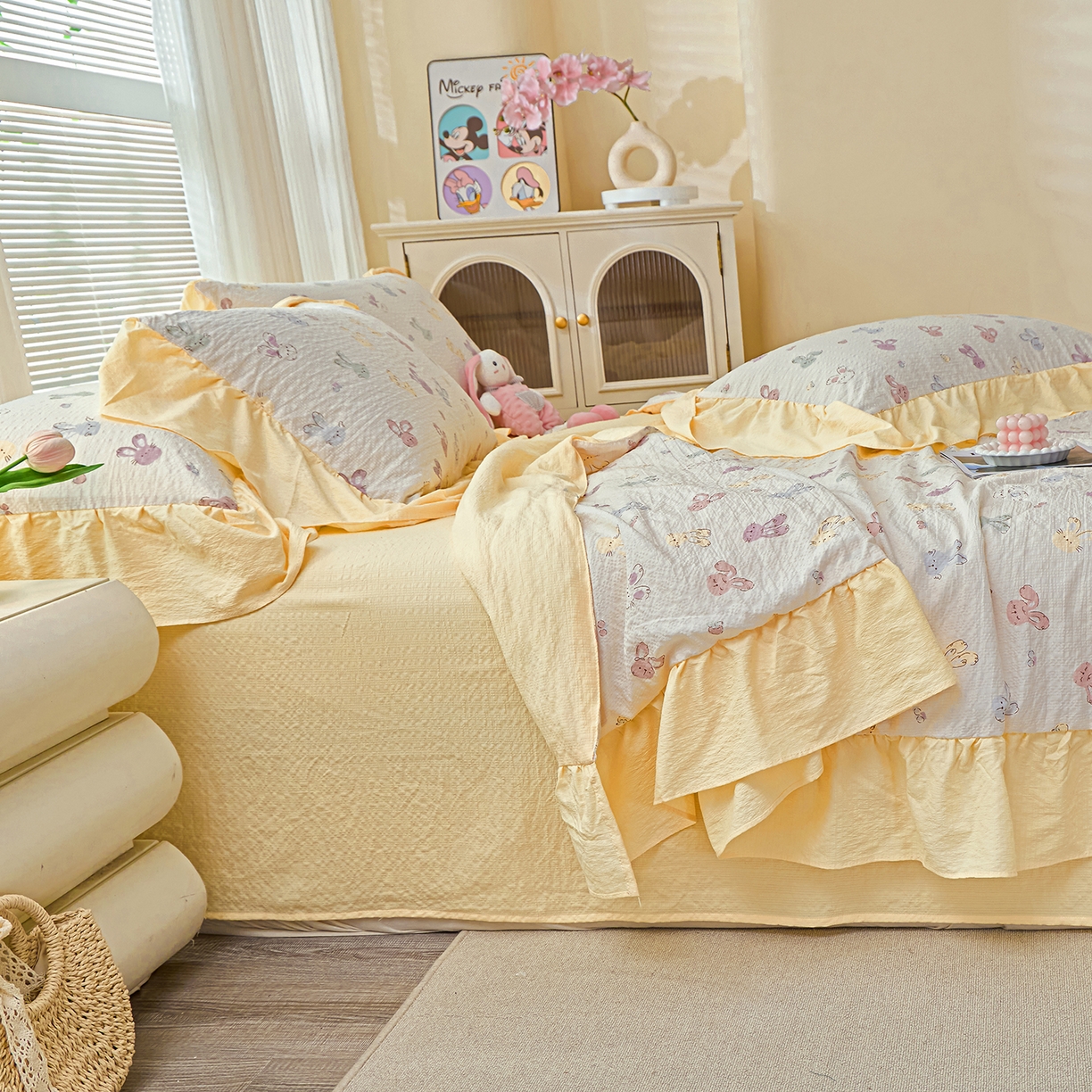 91家纺网 家纺一手货源 找家纺 人人爱家纺 2026新款泡芙纱欧式夏被夏凉被空调被四件套 长耳兔