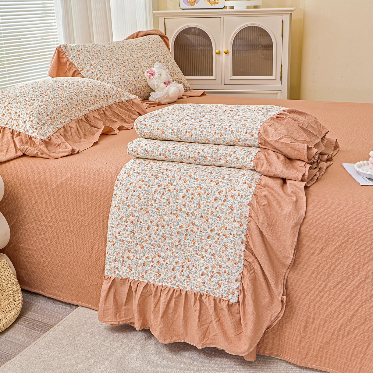 人人爱家纺 2026新款泡芙纱欧式夏被夏凉被空调被四件套 浪漫樱桃