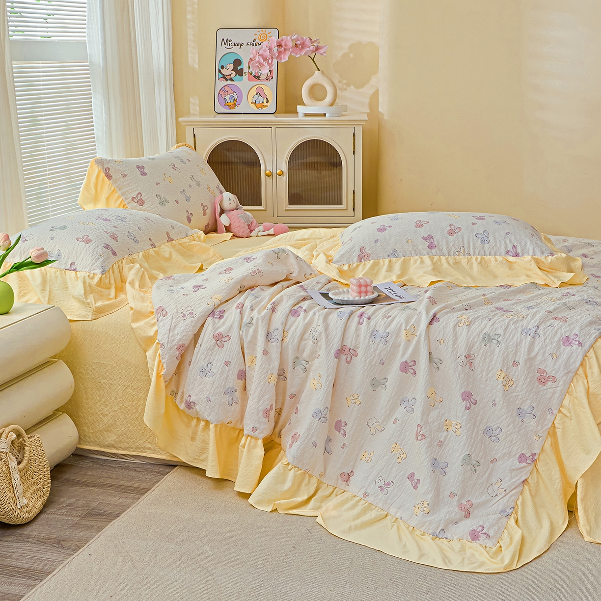 91家纺网 家纺一手货源 找家纺 人人爱家纺 2026新款泡芙纱欧式夏被夏凉被空调被四件套 长耳兔