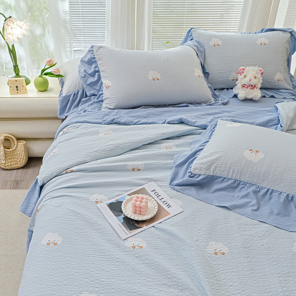 91家纺网 家纺一手货源 找家纺 人人爱家纺 2026新款泡芙纱欧式夏被夏凉被空调被四件套 泡芙云朵