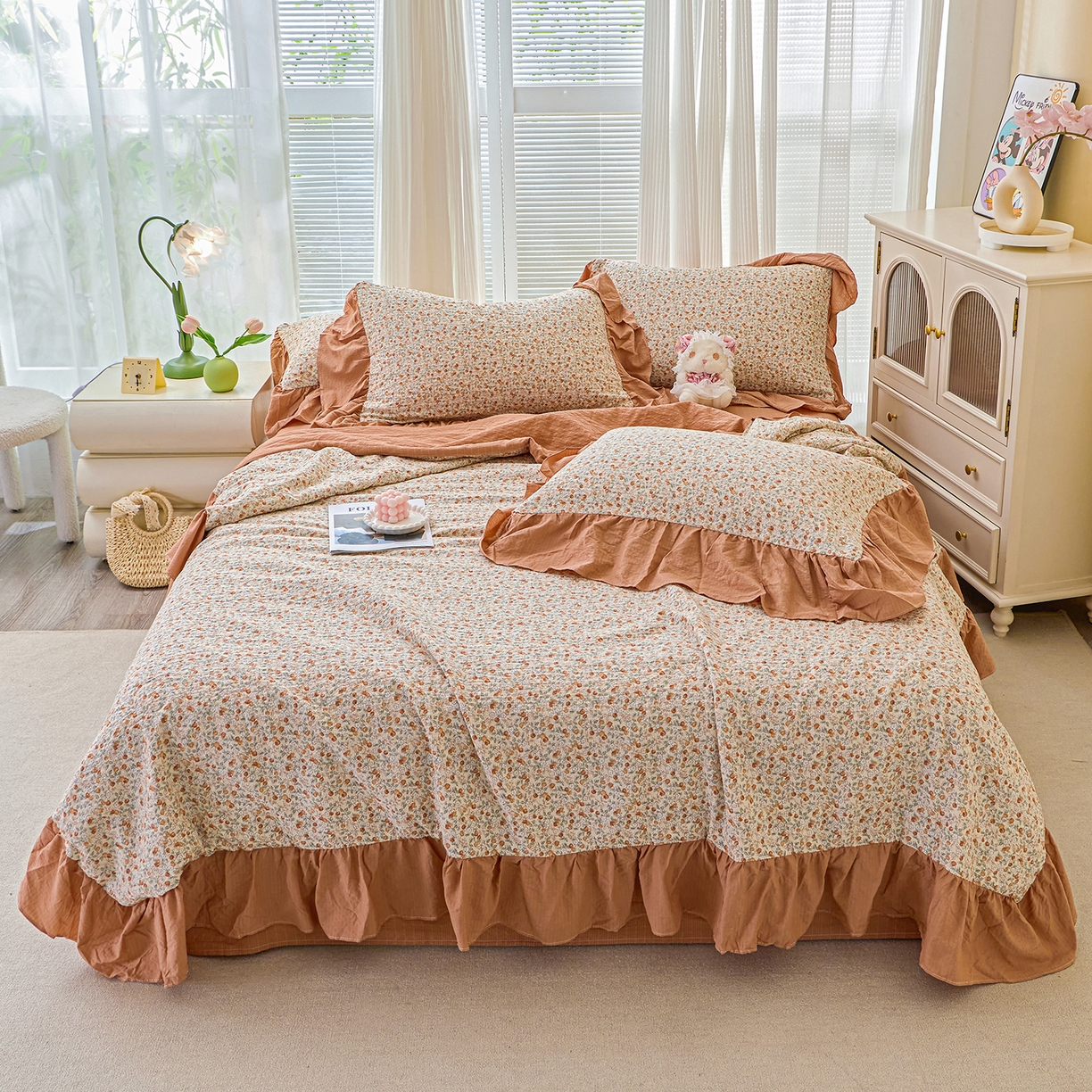 91家纺网 家纺一手货源 找家纺 人人爱家纺 2026新款泡芙纱欧式夏被夏凉被空调被四件套 浪漫樱桃