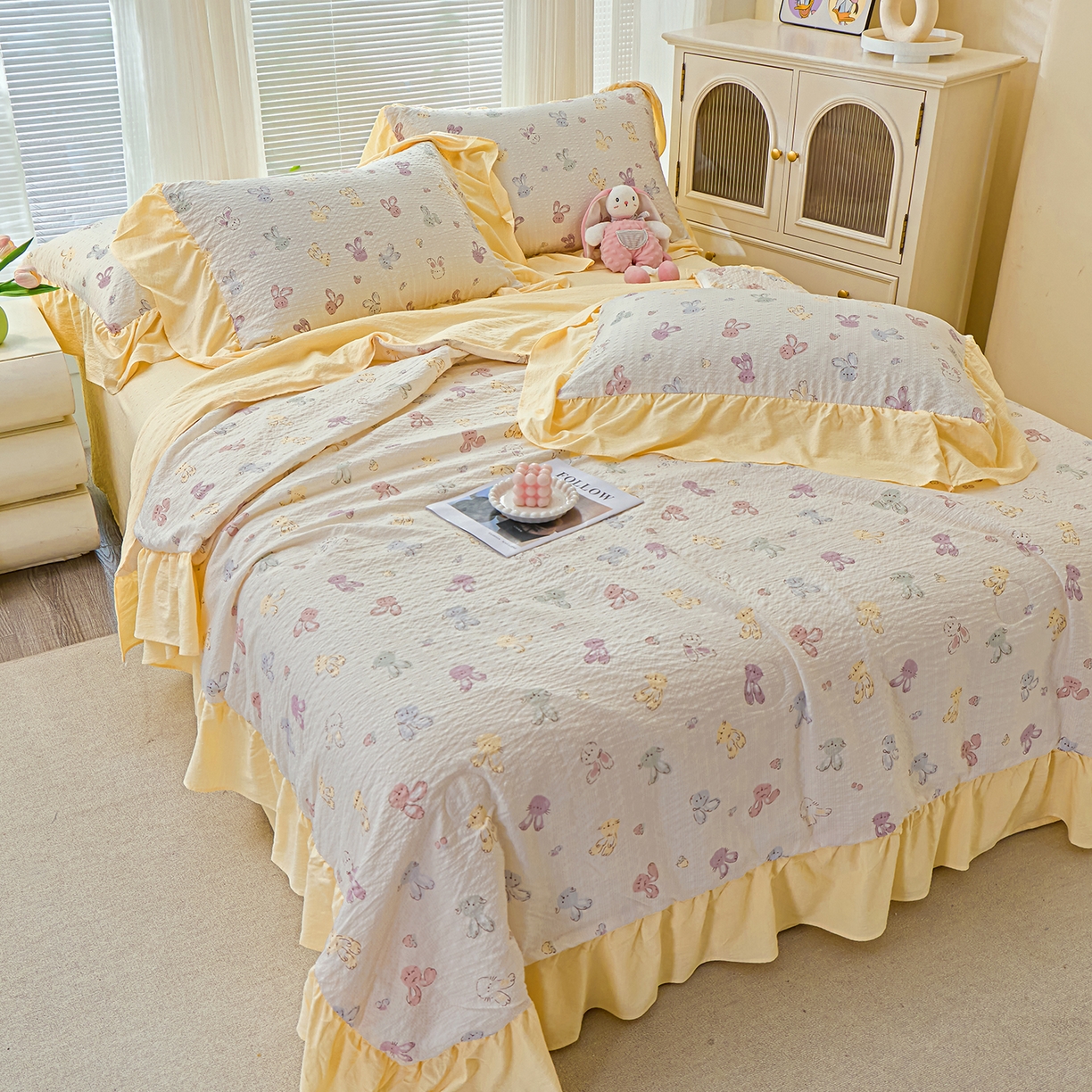 91家纺网 家纺一手货源 找家纺 人人爱家纺 2026新款泡芙纱欧式夏被夏凉被空调被四件套 长耳兔