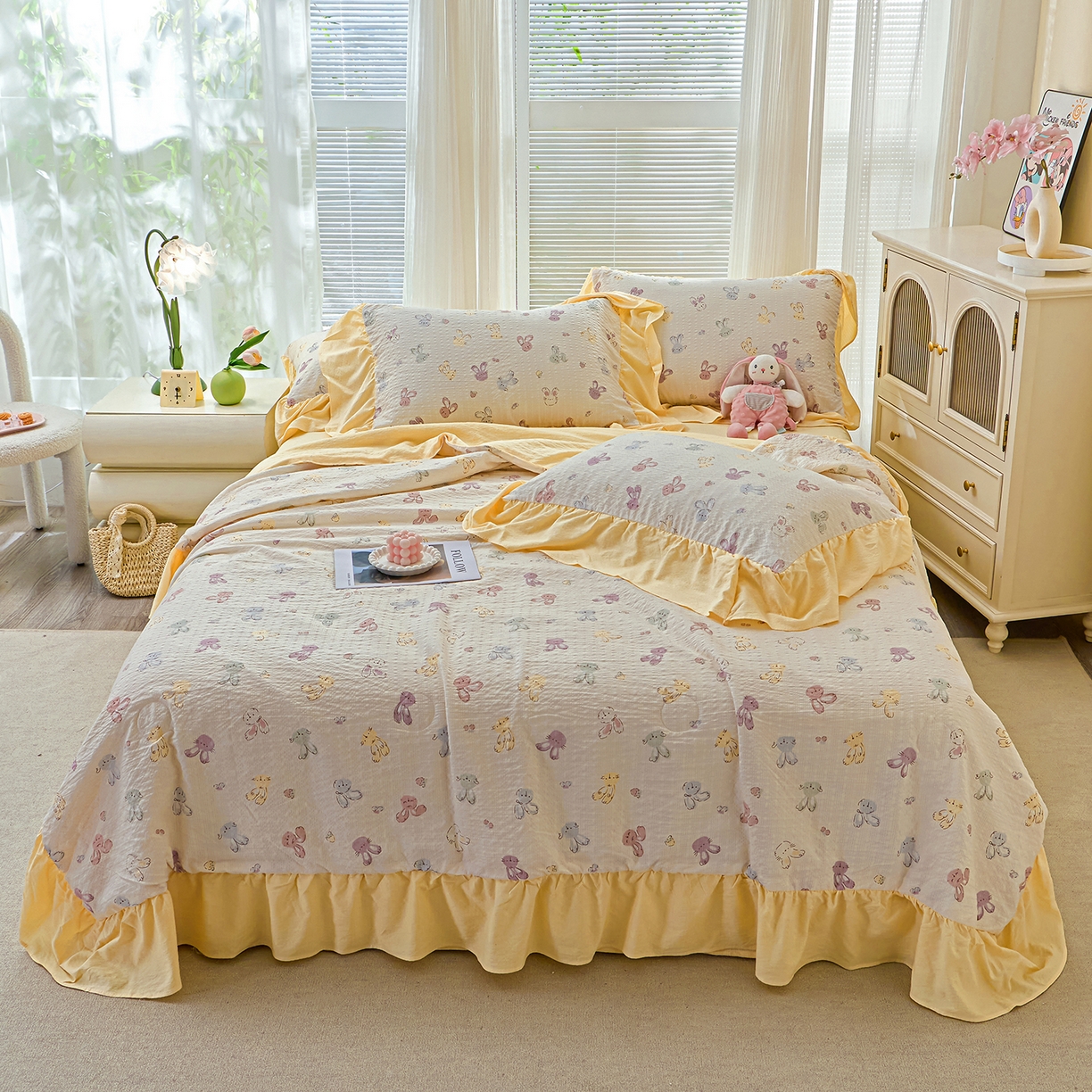 91家纺网 家纺一手货源 找家纺 人人爱家纺 2026新款泡芙纱欧式夏被夏凉被空调被四件套 长耳兔