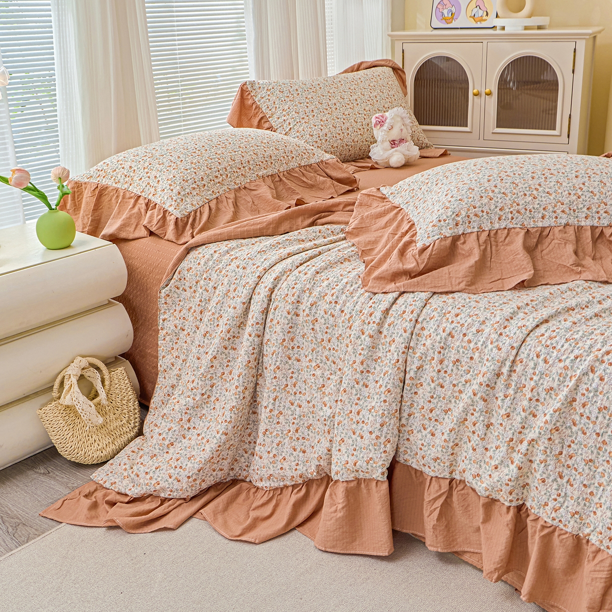 91家纺网 家纺一手货源 找家纺 人人爱家纺 2026新款泡芙纱欧式夏被夏凉被空调被四件套 浪漫樱桃