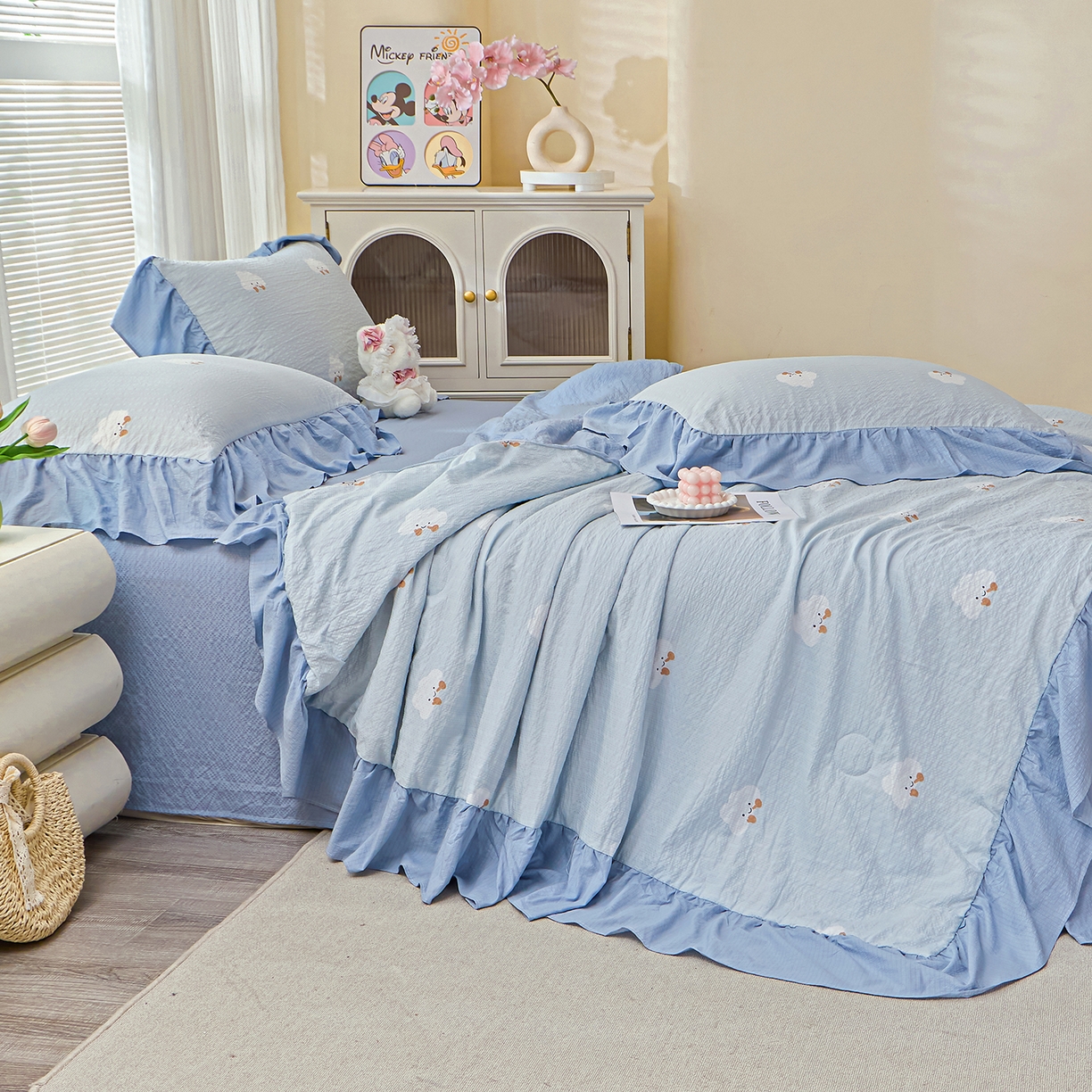 91家纺网 家纺一手货源 找家纺 人人爱家纺 2026新款泡芙纱欧式夏被夏凉被空调被四件套 泡芙云朵