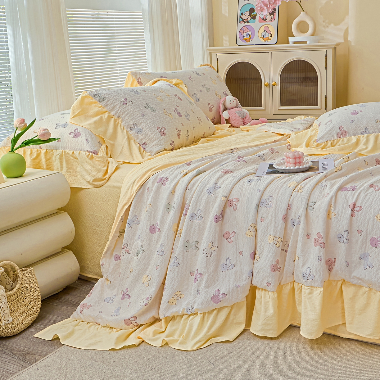 91家纺网 家纺一手货源 找家纺 人人爱家纺 2026新款泡芙纱欧式夏被夏凉被空调被四件套 长耳兔