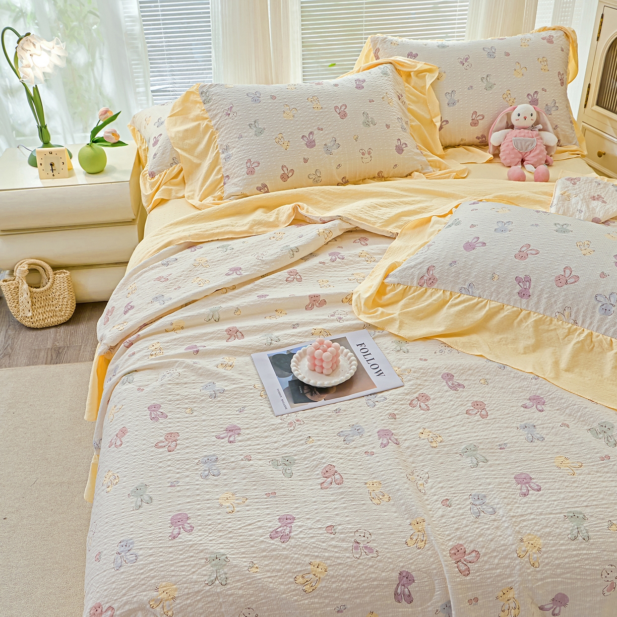 91家纺网 家纺一手货源 找家纺 人人爱家纺 2026新款泡芙纱欧式夏被夏凉被空调被四件套 长耳兔