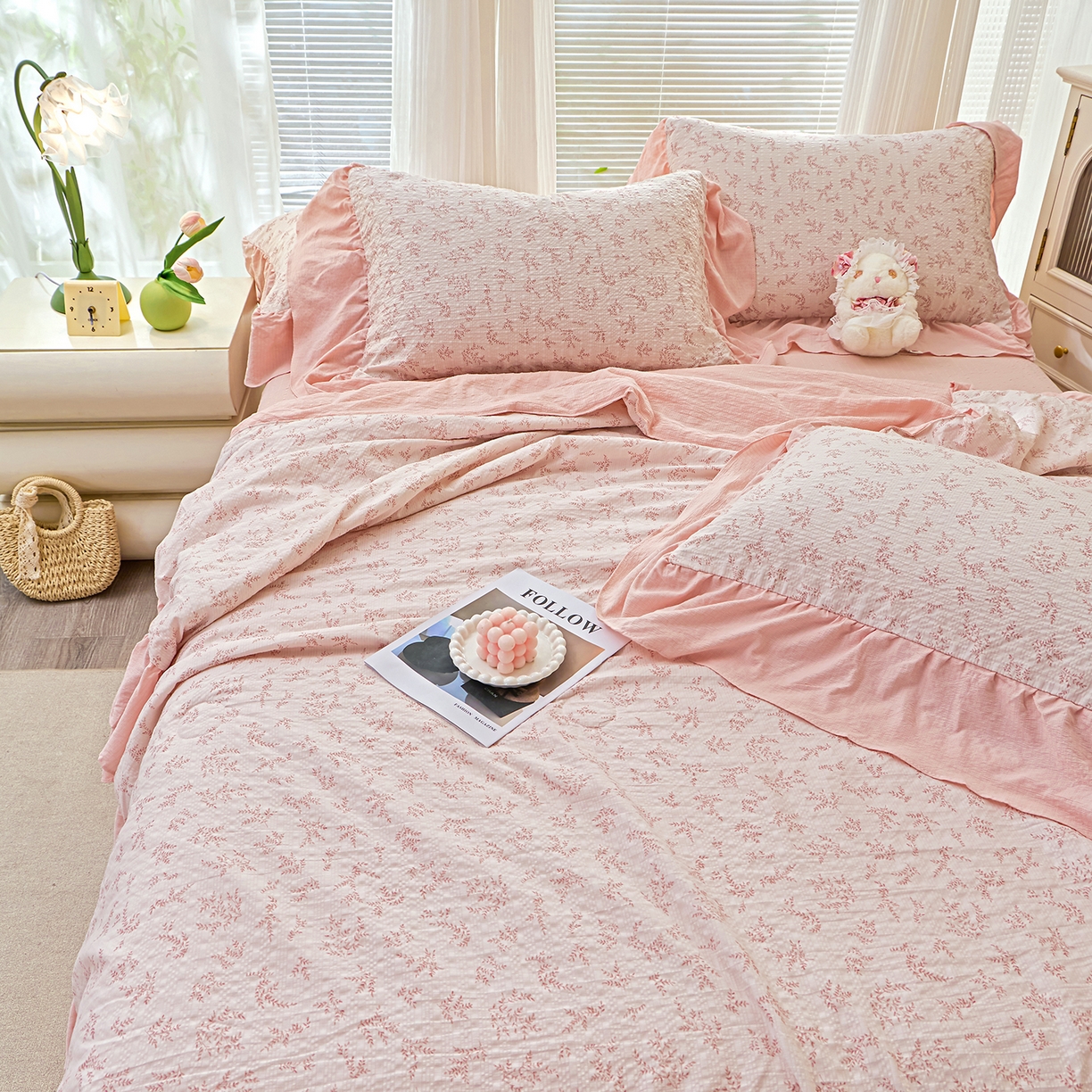 91家纺网 家纺一手货源 找家纺 人人爱家纺 2026新款泡芙纱欧式夏被夏凉被空调被四件套 杉条叶