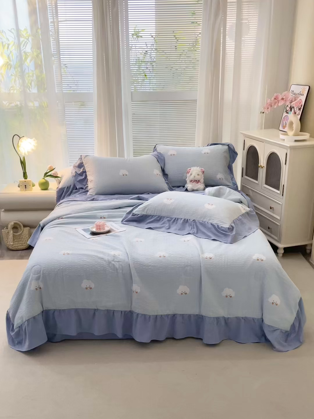 91家纺网 家纺一手货源 找家纺 人人爱家纺 2026新款泡芙纱欧式夏被夏凉被空调被四件套 泡芙云朵
