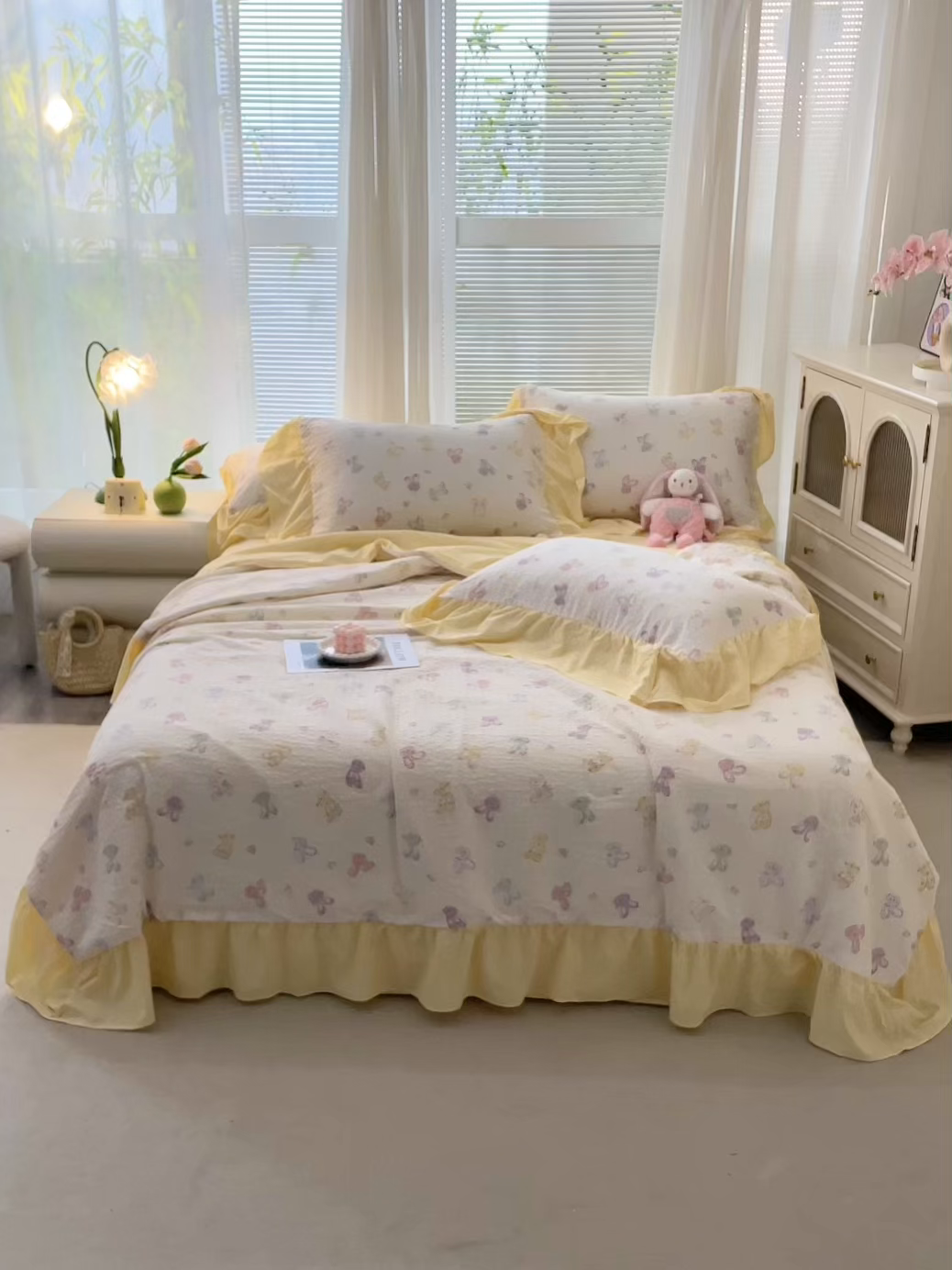 91家纺网 家纺一手货源 找家纺 人人爱家纺 2026新款泡芙纱欧式夏被夏凉被空调被四件套 长耳兔