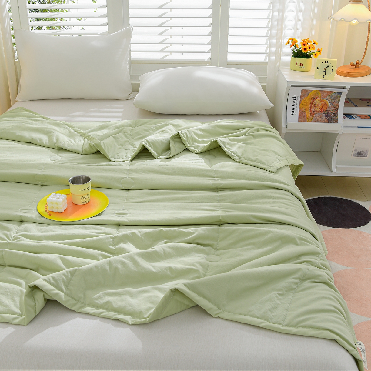 91家纺网 家纺一手货源 找家纺 羽涵家纺 2026新款磨毛水洗棉夏被夏凉被空调被 抹茶绿