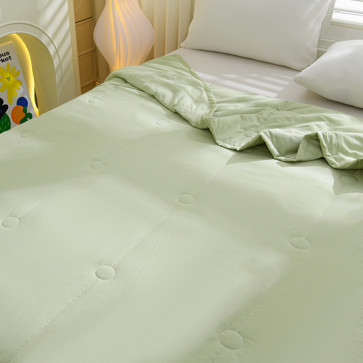 91家纺网 家纺一手货源 找家纺 羽涵家纺 2026新款磨毛水洗棉夏被夏凉被空调被 抹茶绿