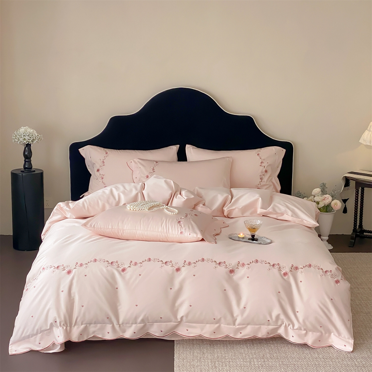 91家纺网 家纺一手货源 找家纺 树下 2026新款a类100支50s双股刺绣高支高密贡缎长绒棉四件套全棉四件套-丹莓 丹莓-粉