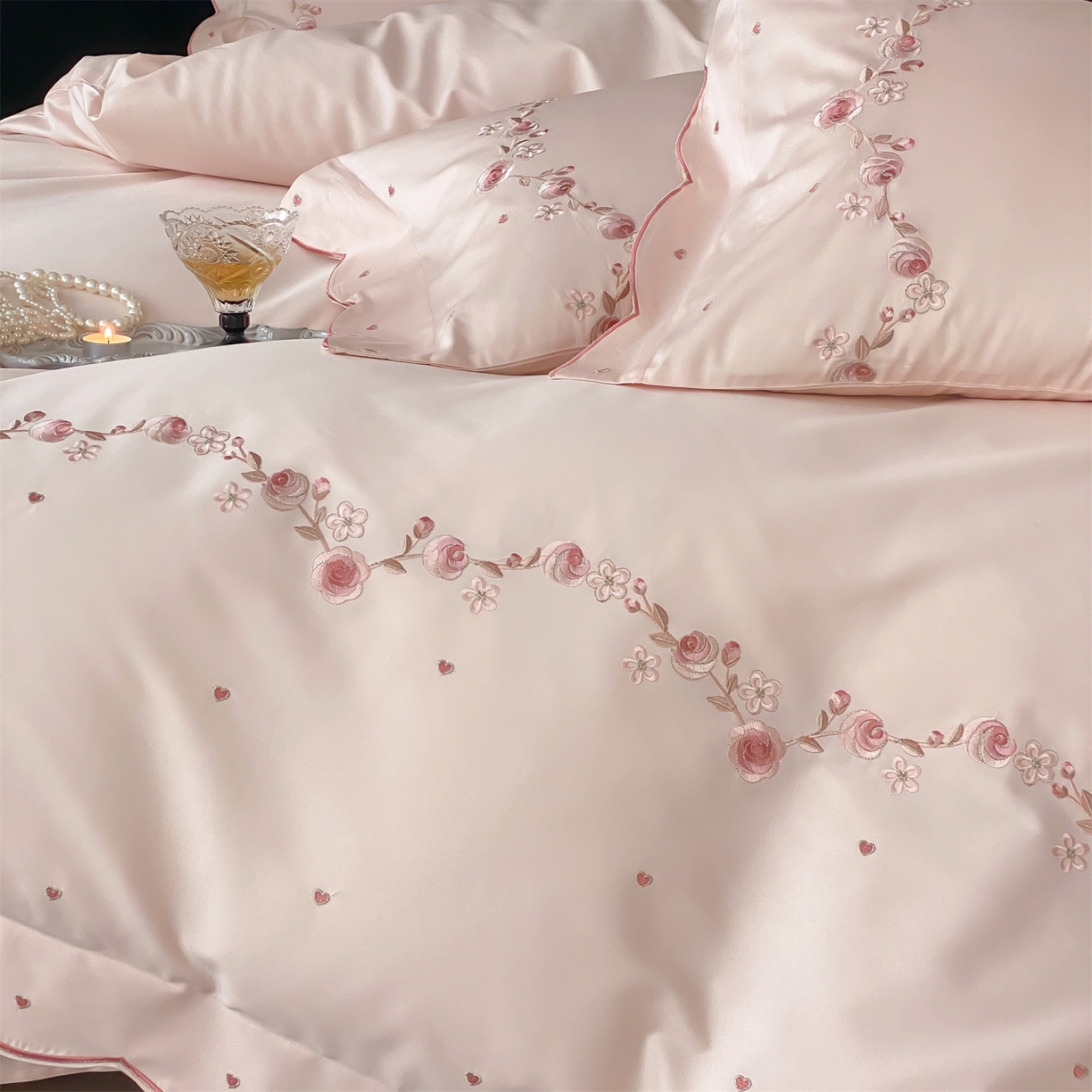 91家纺网 家纺一手货源 找家纺 树下 2026新款a类100支50s双股刺绣高支高密贡缎长绒棉四件套全棉四件套-丹莓 丹莓-粉