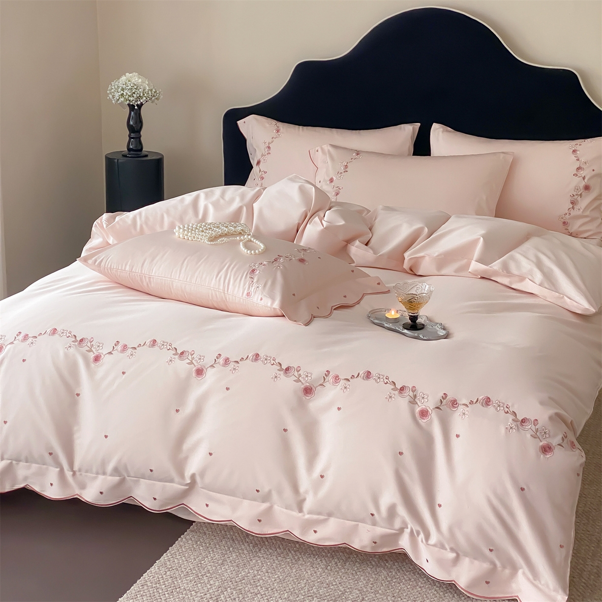 91家纺网 家纺一手货源 找家纺 树下 2026新款a类100支50s双股刺绣高支高密贡缎长绒棉四件套全棉四件套-丹莓 丹莓-粉