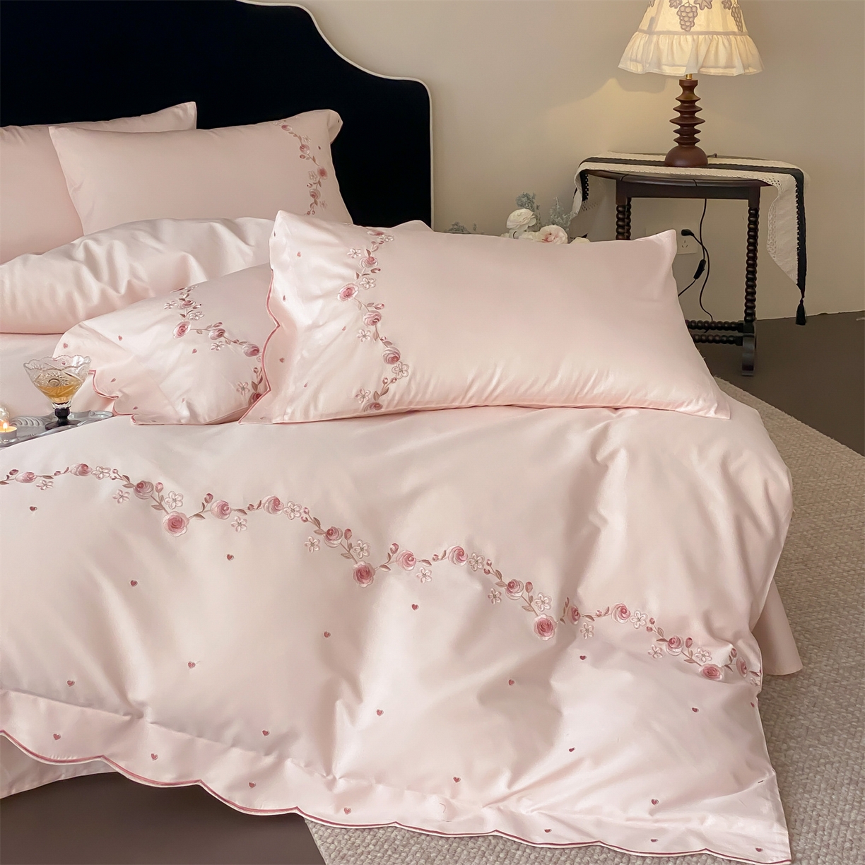 树下 2026新款a类100支50s双股刺绣高支高密贡缎长绒棉四件套全棉四件套-丹莓 丹莓-粉