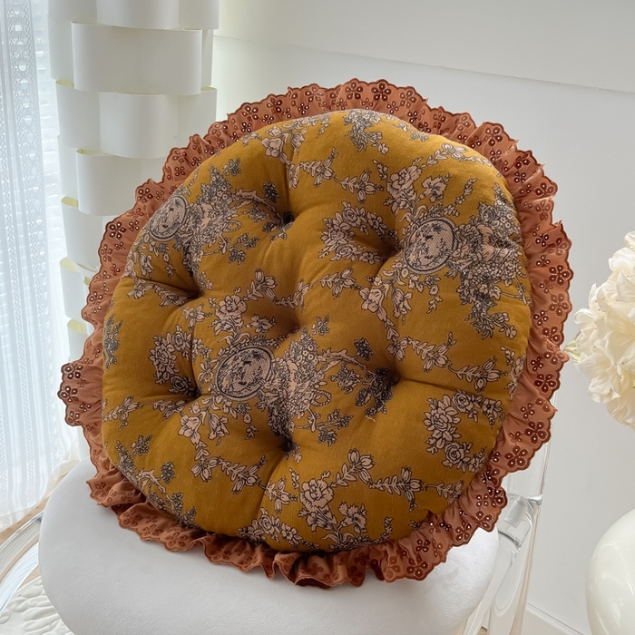 座享家 2026新款拼色仿棉麻花边团蒲坐垫 姚黄