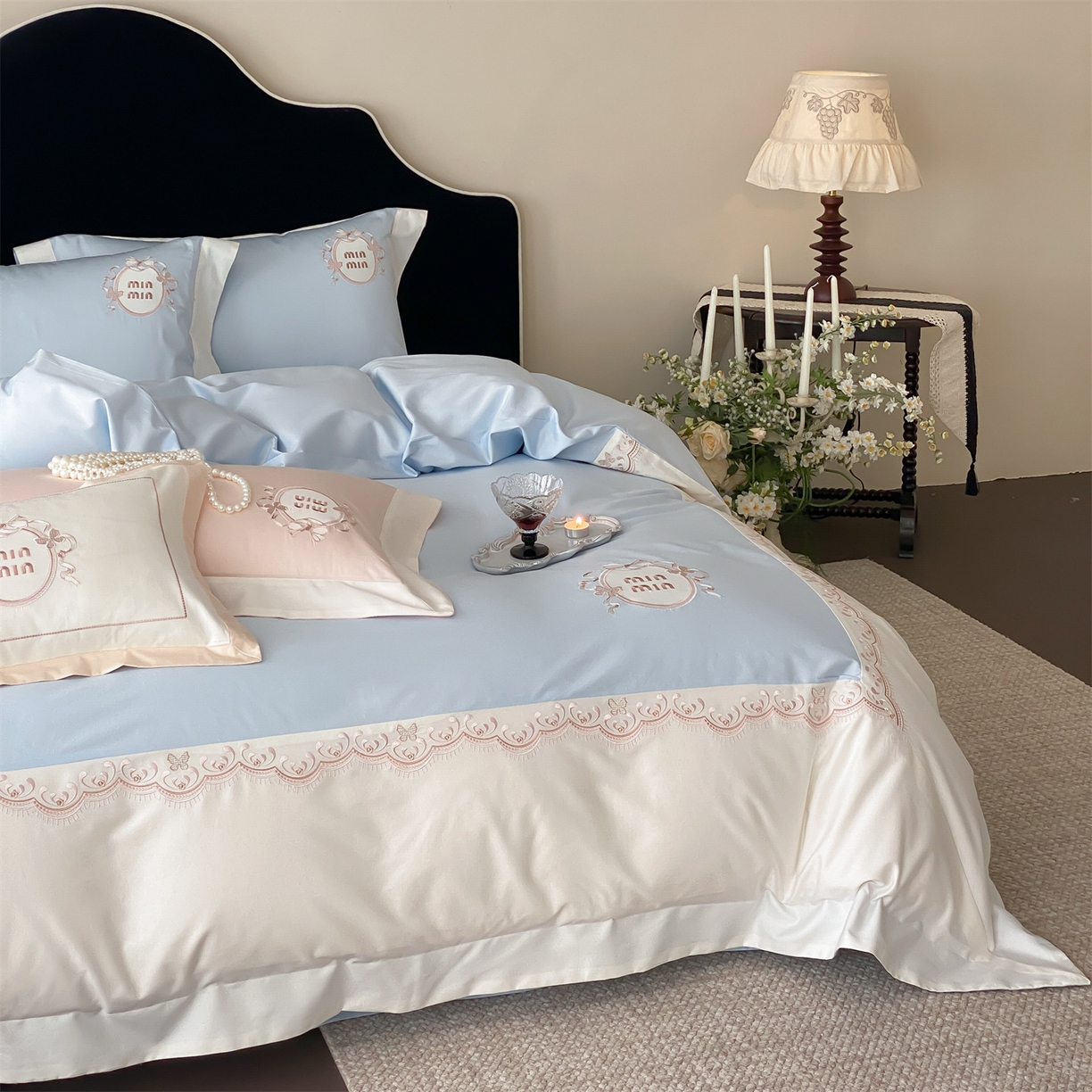 91家纺网 家纺一手货源 找家纺 树下 2026新款a类100支50s双股刺绣高支高密贡缎长绒棉四件套全棉四件套-蝶吟 蝶吟-蓝