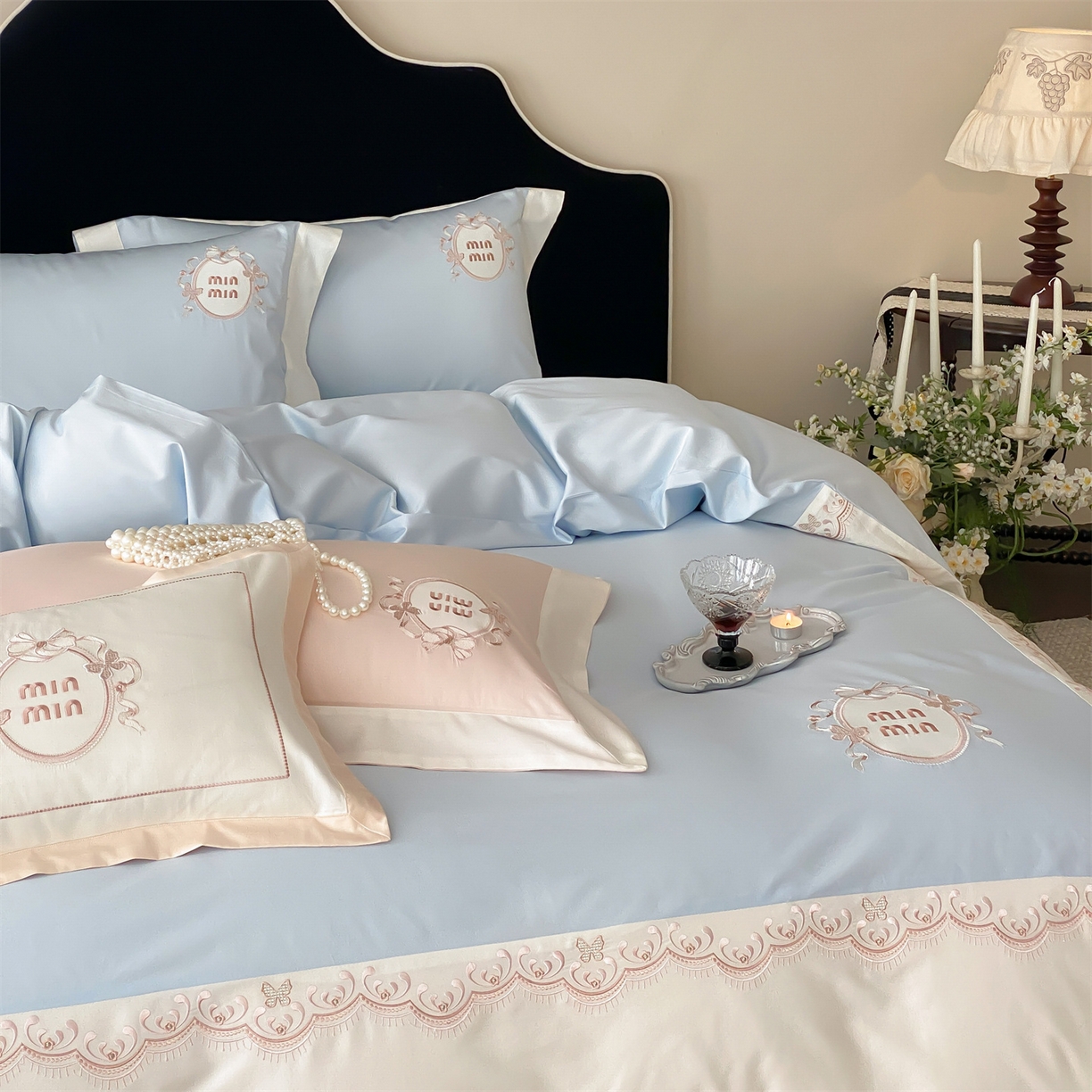 91家纺网 家纺一手货源 找家纺 树下 2026新款a类100支50s双股刺绣高支高密贡缎长绒棉四件套全棉四件套-蝶吟 蝶吟-蓝