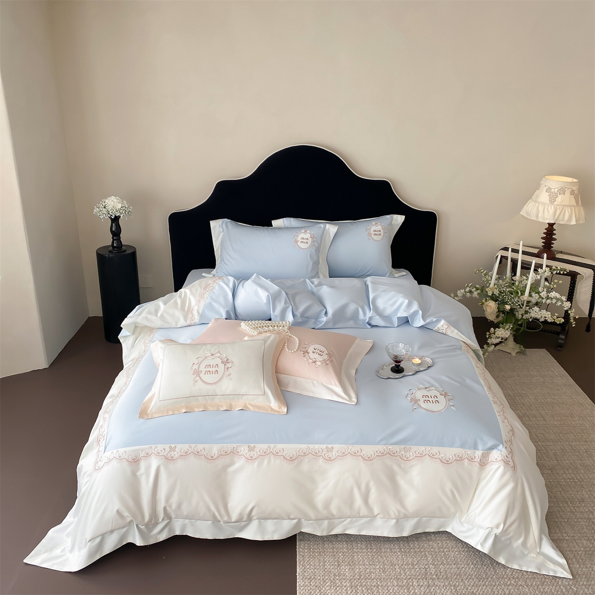 91家纺网 家纺一手货源 找家纺 树下 2026新款a类100支50s双股刺绣高支高密贡缎长绒棉四件套全棉四件套-蝶吟 蝶吟-蓝