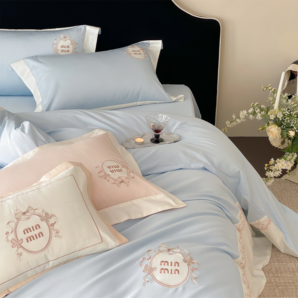 91家纺网 家纺一手货源 找家纺 树下 2026新款a类100支50s双股刺绣高支高密贡缎长绒棉四件套全棉四件套-蝶吟 蝶吟-蓝