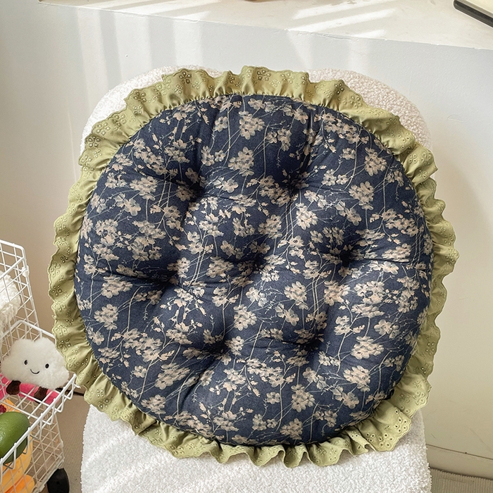 座享家 2026新款拼色仿棉麻花边团蒲坐垫 碎花蓝
