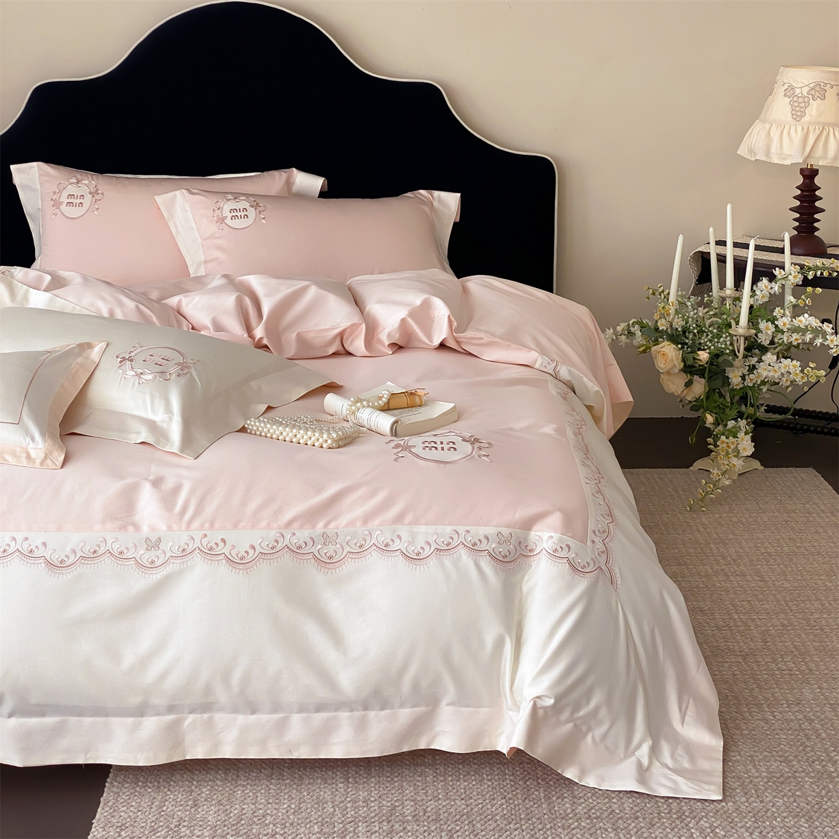 91家纺网 家纺一手货源 找家纺 树下 2026新款a类100支50s双股刺绣高支高密贡缎长绒棉四件套全棉四件套-蝶吟 蝶吟-粉