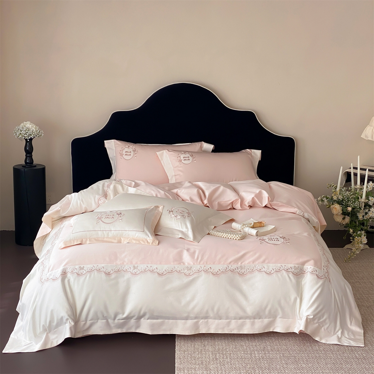 91家纺网 家纺一手货源 找家纺 树下 2026新款a类100支50s双股刺绣高支高密贡缎长绒棉四件套全棉四件套-蝶吟 蝶吟-粉