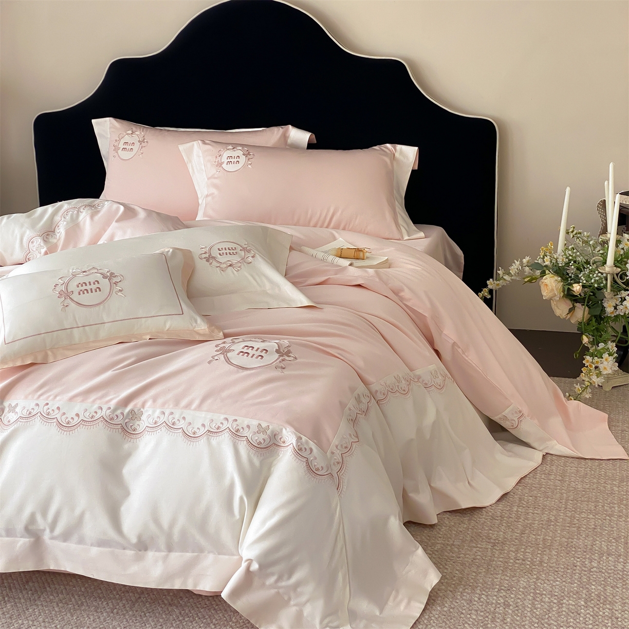 树下 2026新款a类100支50s双股刺绣高支高密贡缎长绒棉四件套全棉四件套-蝶吟 蝶吟-粉