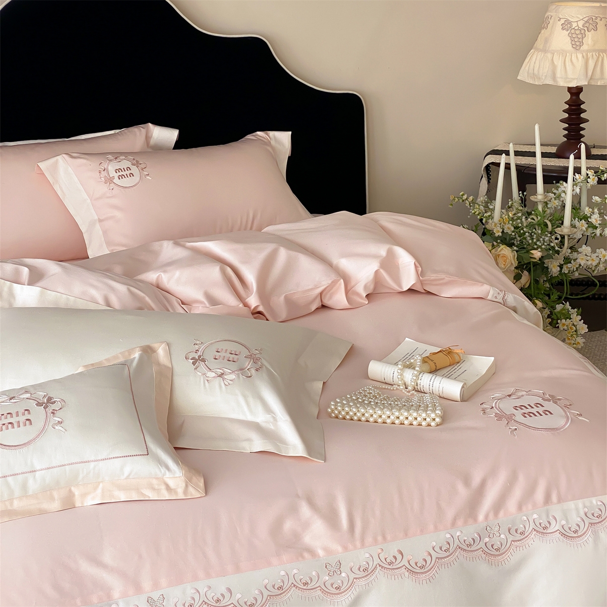 91家纺网 家纺一手货源 找家纺 树下 2026新款a类100支50s双股刺绣高支高密贡缎长绒棉四件套全棉四件套-蝶吟 蝶吟-粉