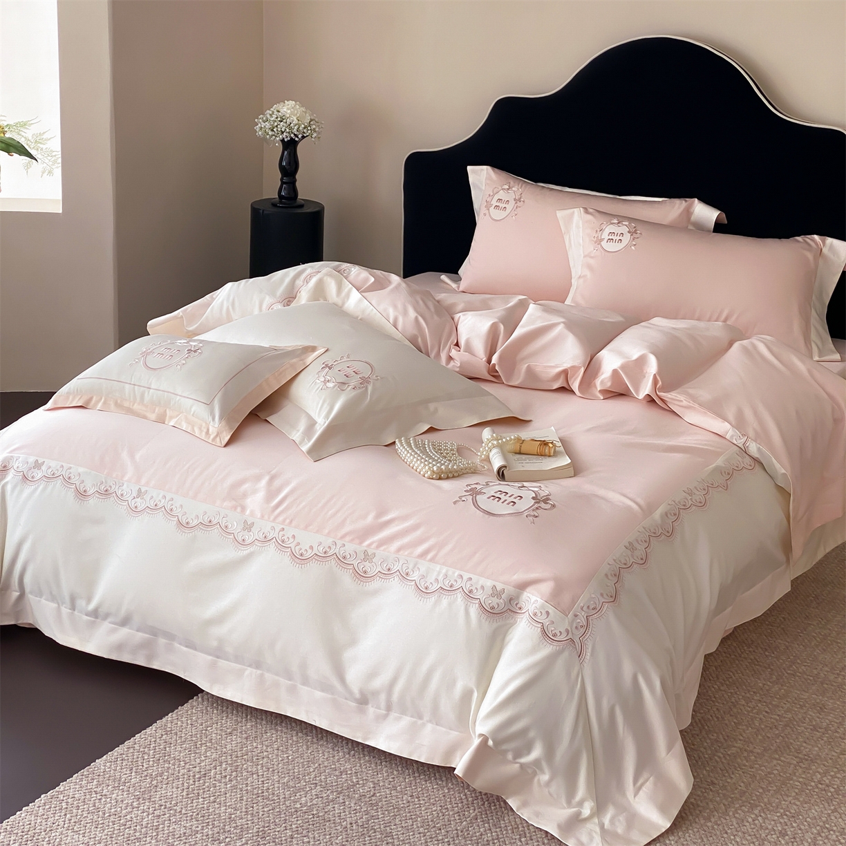 91家纺网 家纺一手货源 找家纺 树下 2026新款a类100支50s双股刺绣高支高密贡缎长绒棉四件套全棉四件套-蝶吟 蝶吟-粉