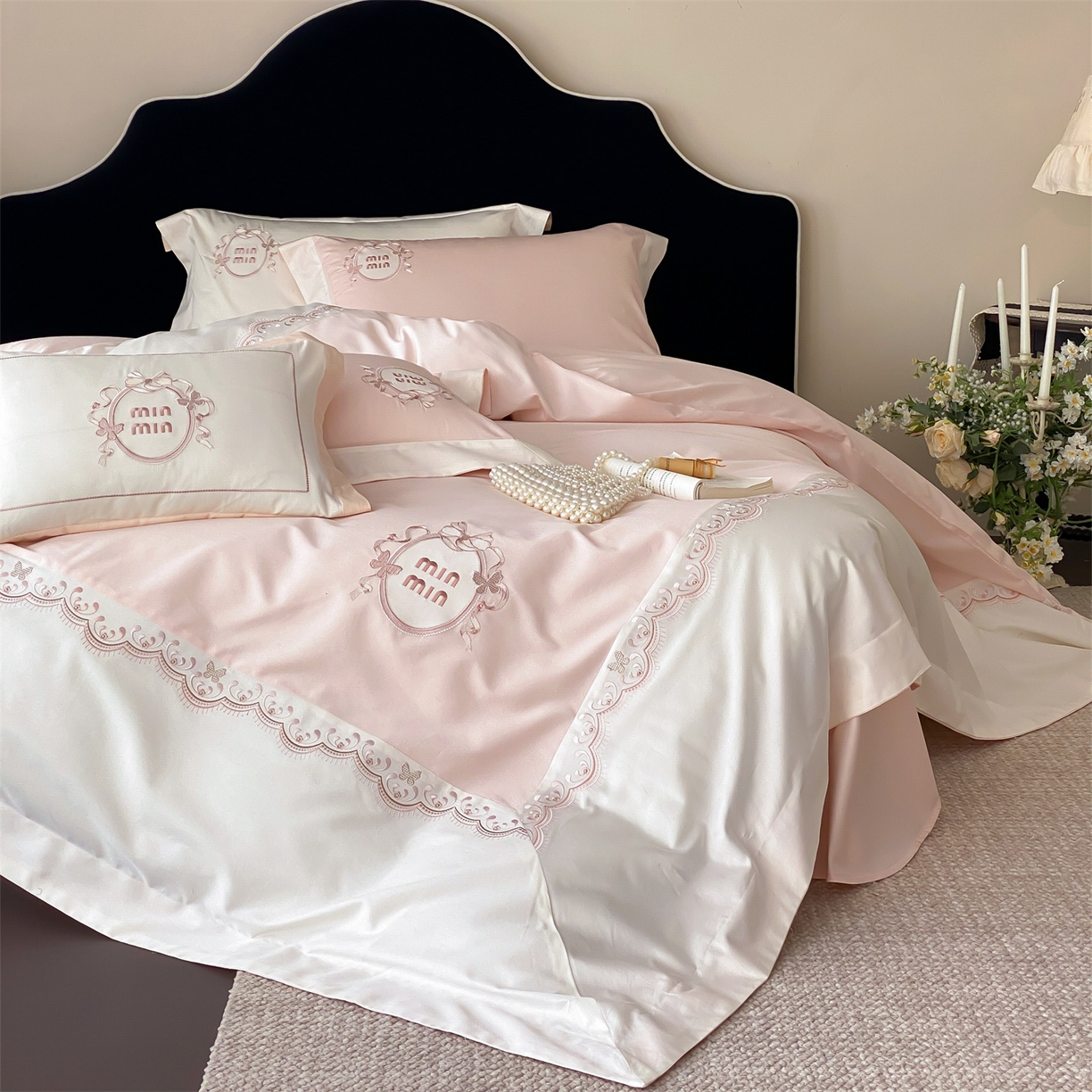 91家纺网 家纺一手货源 找家纺 树下 2026新款a类100支50s双股刺绣高支高密贡缎长绒棉四件套全棉四件套-蝶吟 蝶吟-粉