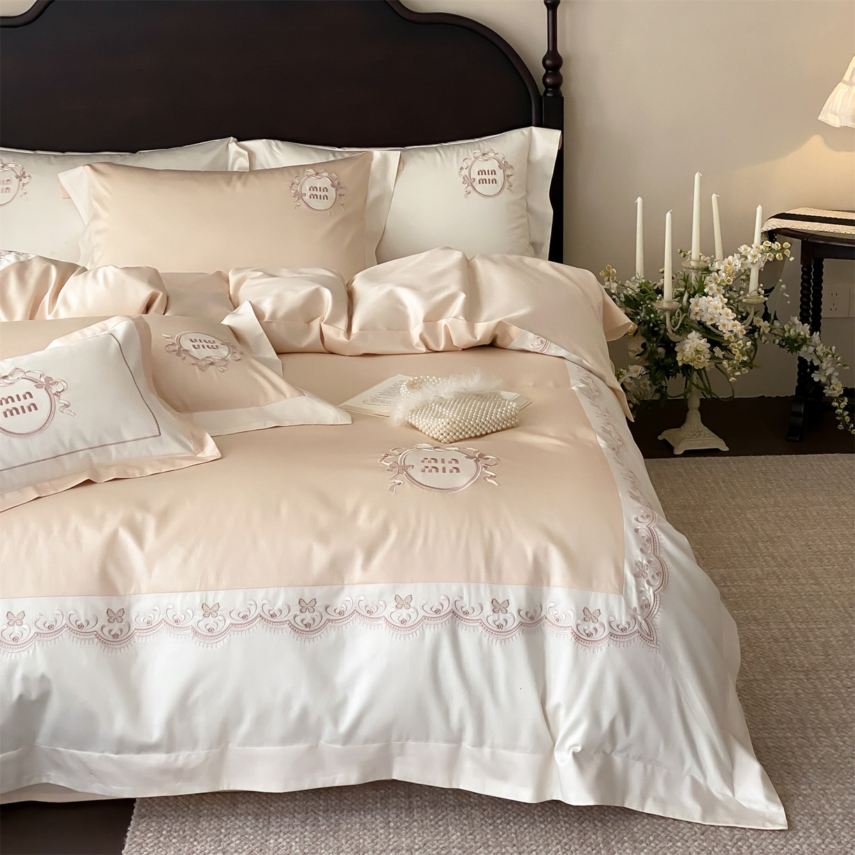 91家纺网 家纺一手货源 找家纺 树下 2026新款a类100支50s双股刺绣高支高密贡缎长绒棉四件套全棉四件套-蝶吟 蝶吟-奶油粉