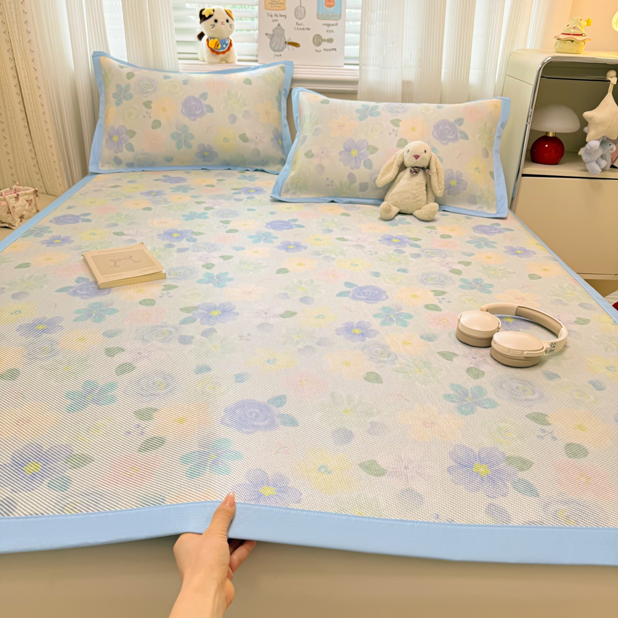 91家纺网 家纺一手货源 找家纺 慕尚家纺 2026新款清新凉感冰藤席平铺款 碎冰蓝