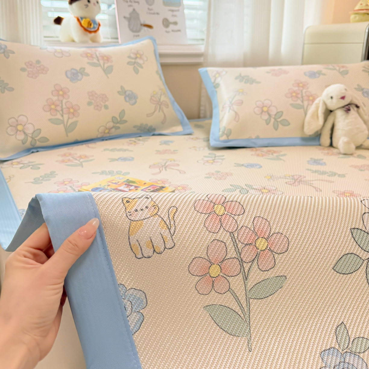 91家纺网 家纺一手货源 找家纺 慕尚家纺 2026新款清新凉感冰藤席平铺款 活力小猫