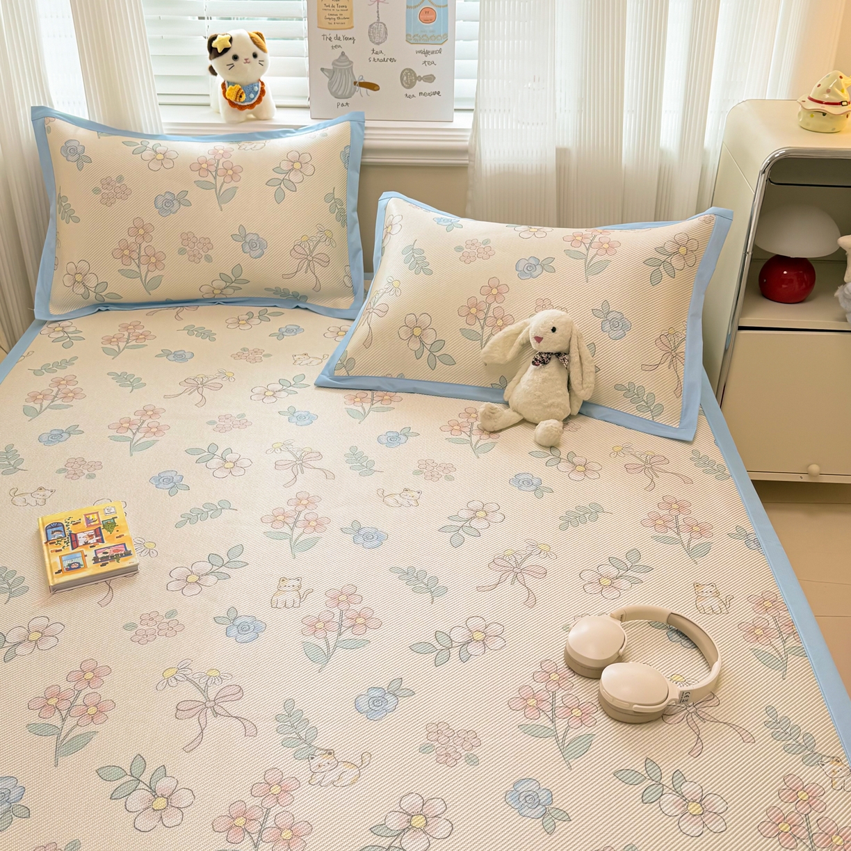 91家纺网 家纺一手货源 找家纺 慕尚家纺 2026新款清新凉感冰藤席平铺款 活力小猫