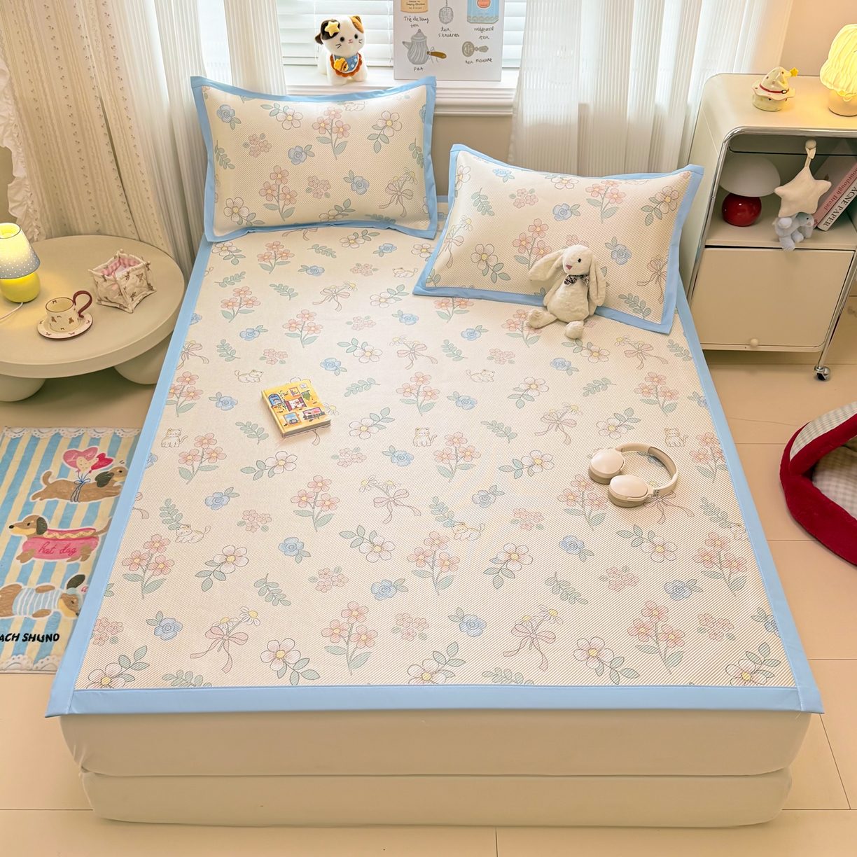 91家纺网 家纺一手货源 找家纺 慕尚家纺 2026新款清新凉感冰藤席平铺款 活力小猫