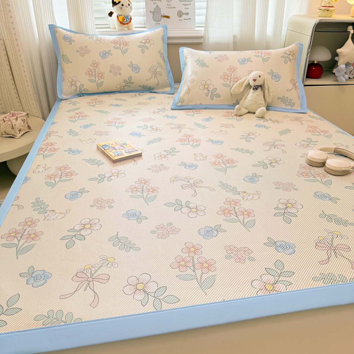 91家纺网 家纺一手货源 找家纺 慕尚家纺 2026新款清新凉感冰藤席平铺款 活力小猫