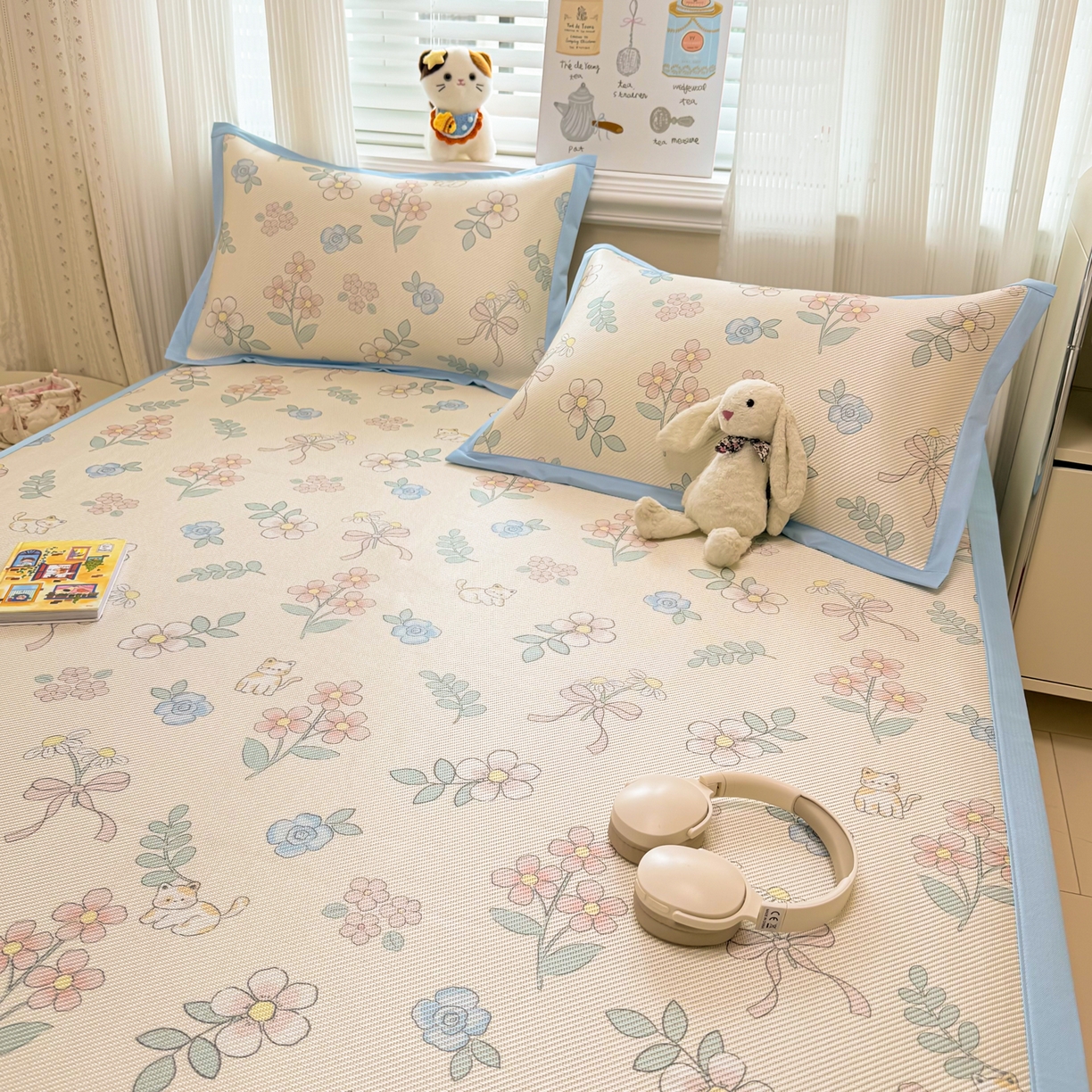 91家纺网 家纺一手货源 找家纺 慕尚家纺 2026新款清新凉感冰藤席平铺款 活力小猫