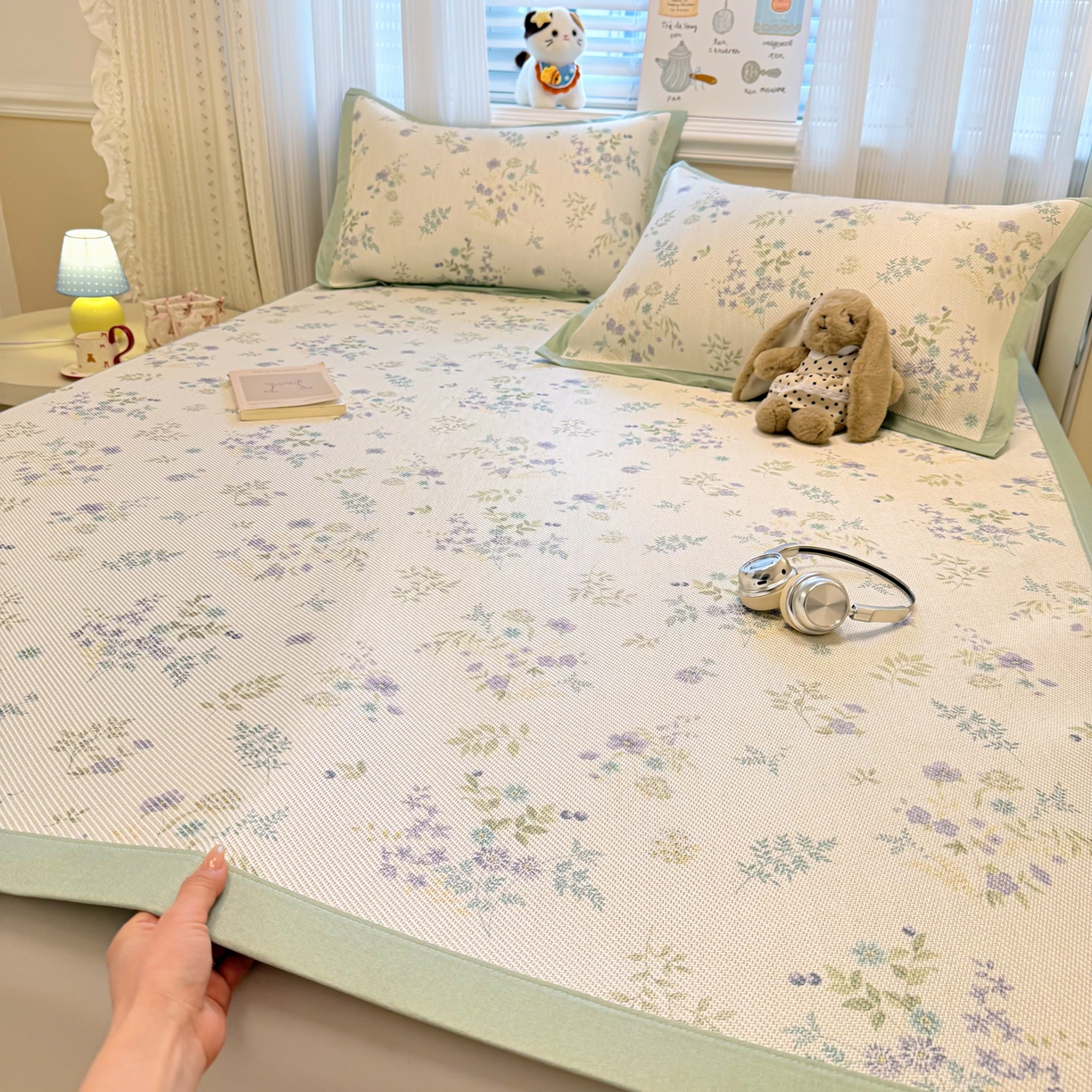 91家纺网 家纺一手货源 找家纺 慕尚家纺 2026新款清新凉感冰藤席平铺款 梦幻紫花